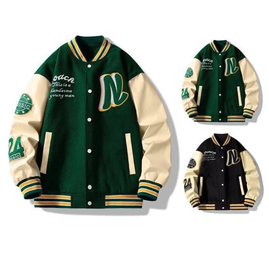 Herrenjacke, Stehkragen, gestreift, Buchstabenmuster, locker, langärmelig, dick, einreihig, Colorblock-Taschen, Strickjacke, mittellanger Baseballmantel