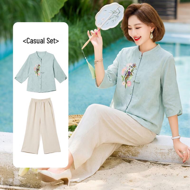 BAOLIANDUO Effortless Summer Elegant Chinese Style Cotton Short Sleeve Set for Women 4XL