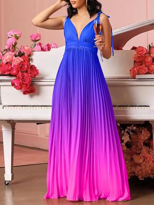 2024 Plus Size Women’s Gradient V-Neck Pleated Maxi Dress