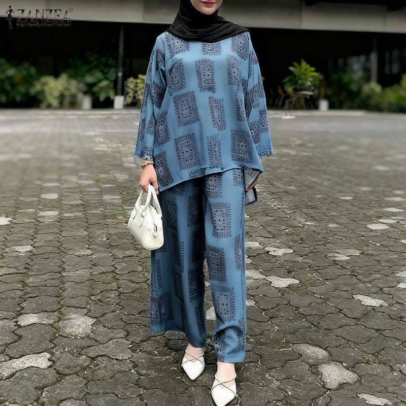 ZANZEA Women Long Sleeve Blouse and Pants Casual Print Two Piece Suit Sets