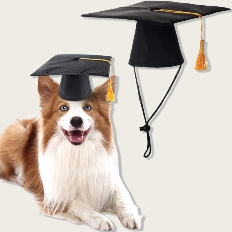Yellow Tassels Dog Graduation Cap and BowTie Set for Pet Ceremonies Comfortable Polyester Party Accessory