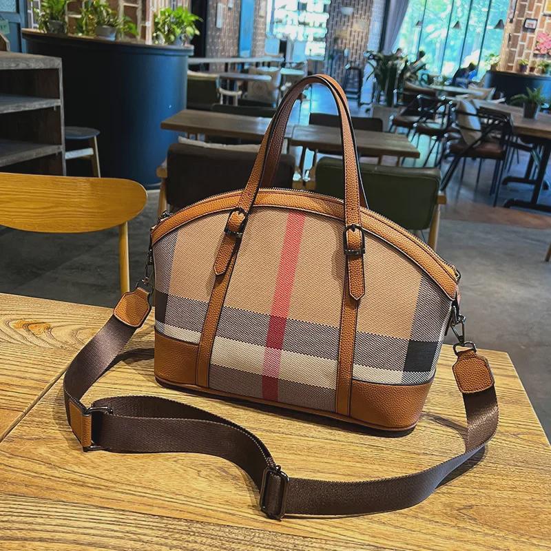 "2023 Women's Genuine Leather Plaid Shell Handbag - Versatile, Large Capacity, Shoulder & Messenger Bag"