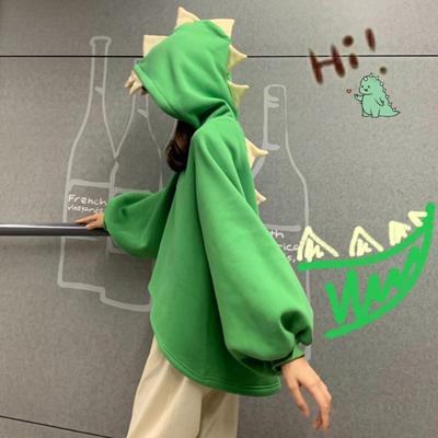 Höst Dam Tecknad Dinosauriehornmössa Huvtröjor Harajuku Tröjor Söt Framkort Baklång Pullover Casual Lös Träningsdräkt