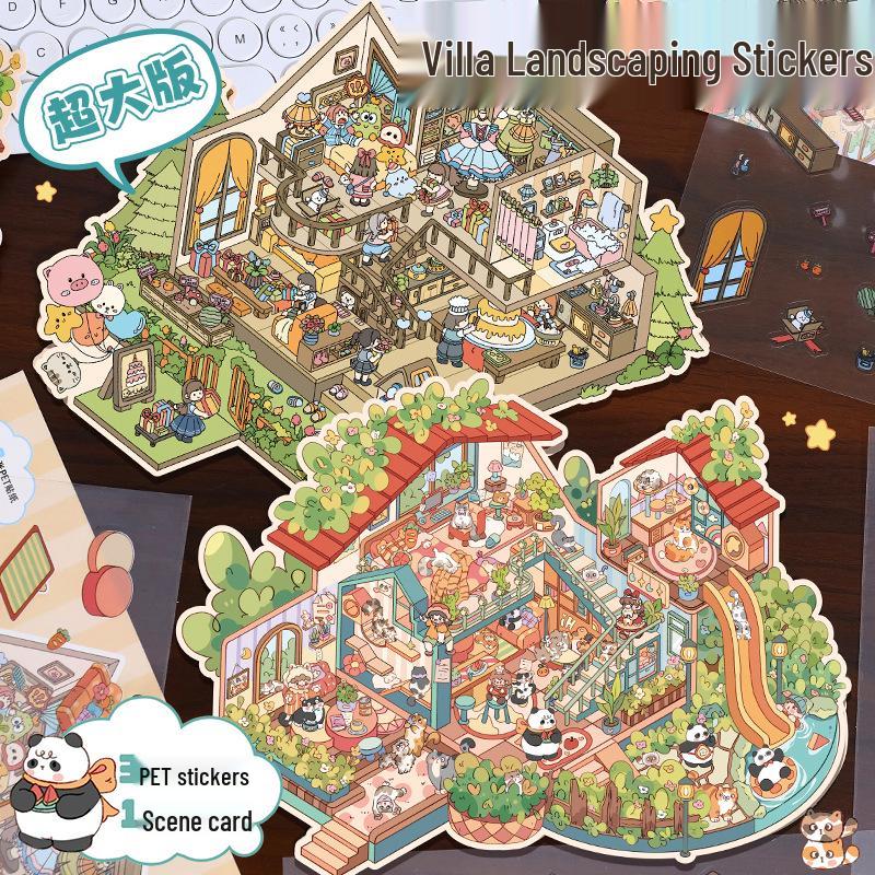 XL 3D Miniatyrscene Landskapsklistremerker: Kreativ Villa Stabling Håndlaget Dekompresjonsbok