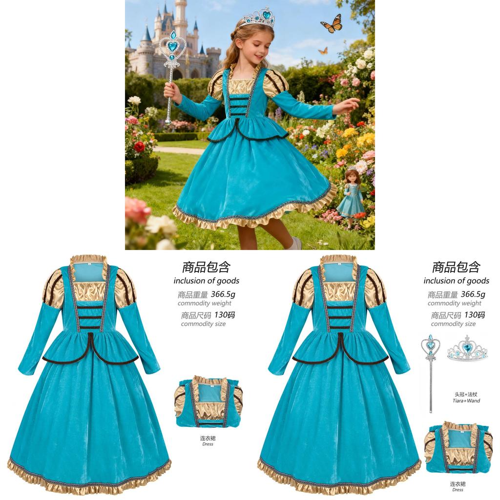 Halloween Childrens Medieval Princess Cosplay Dress With Crown And Scepter For Party