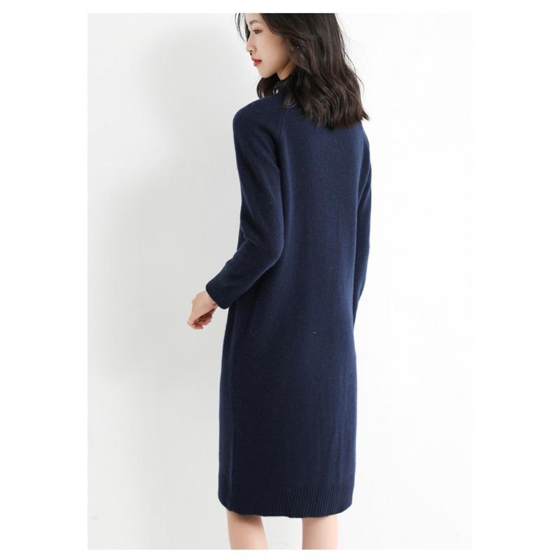 Rochie Lungă Tricotată până la Genunchi pentru Femei, Rochie cu Guler Mediu-Înalt, Izolată, Caldă, Rochii Midi Tricotate cu Partea Inferioară, Primăvară Toamnă