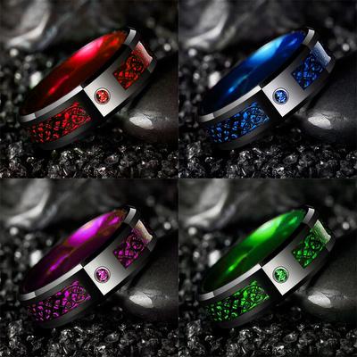 Modischer 8mm Keltischer Herren Edelstahlring mit Roten und Blauen Zirkonsteinen, Drachenringe für Herren, Carbonfaserringe Ehering