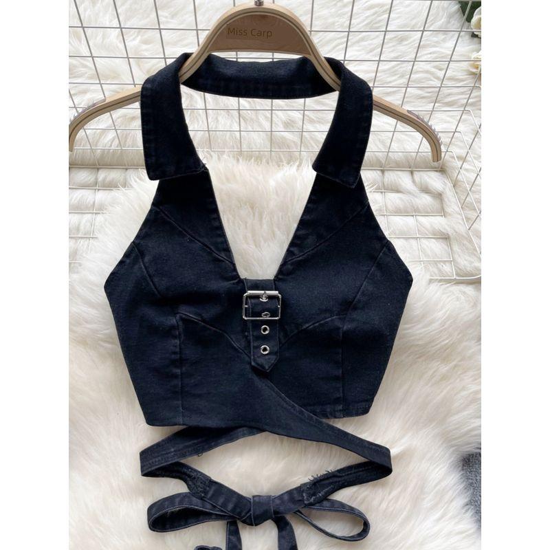 American Style Sexy Denim Tied Slim Fit Short Halterneck