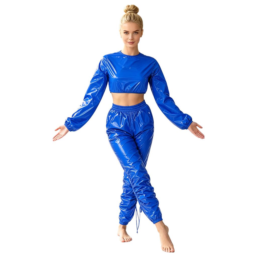 Waterproof Vinyl Long Sleeve Crop Top and Elastic Waist Capri Pants Set with Back Zipper Side Drawstrings for Women Fitness Workout