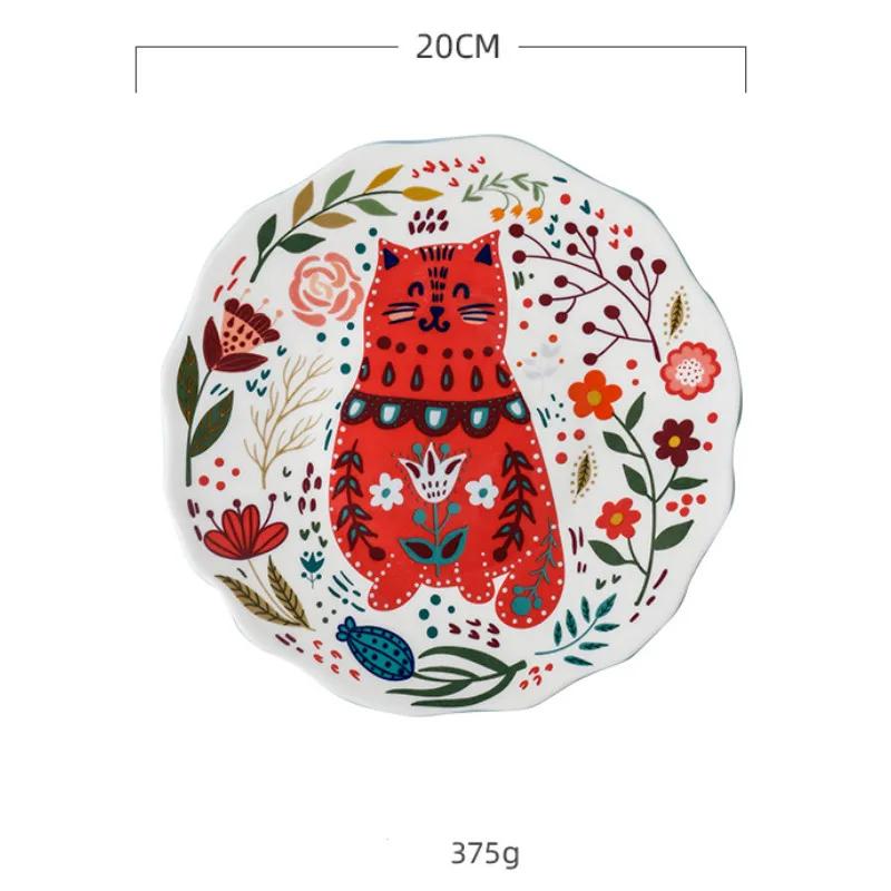 

Креативная 8-дюймовая расписанная вручную тарелка с изображением кота, керамическая тарелка с подглазурной глазурью, поднос для десерта, цветок, котенок, посуда для микроволновой печи YHJ021201