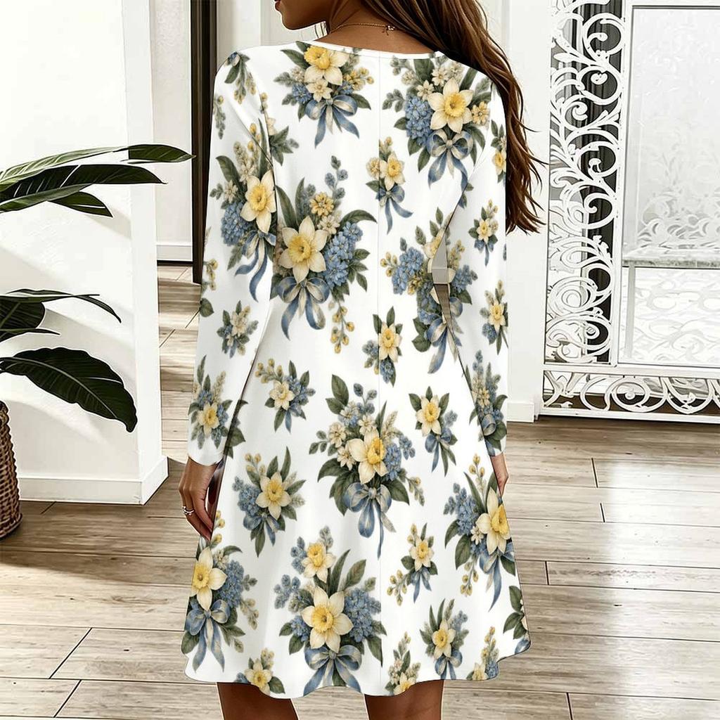 Women Plus Size Scallop V Neck Long Sleeve Floral Printed White Dress
