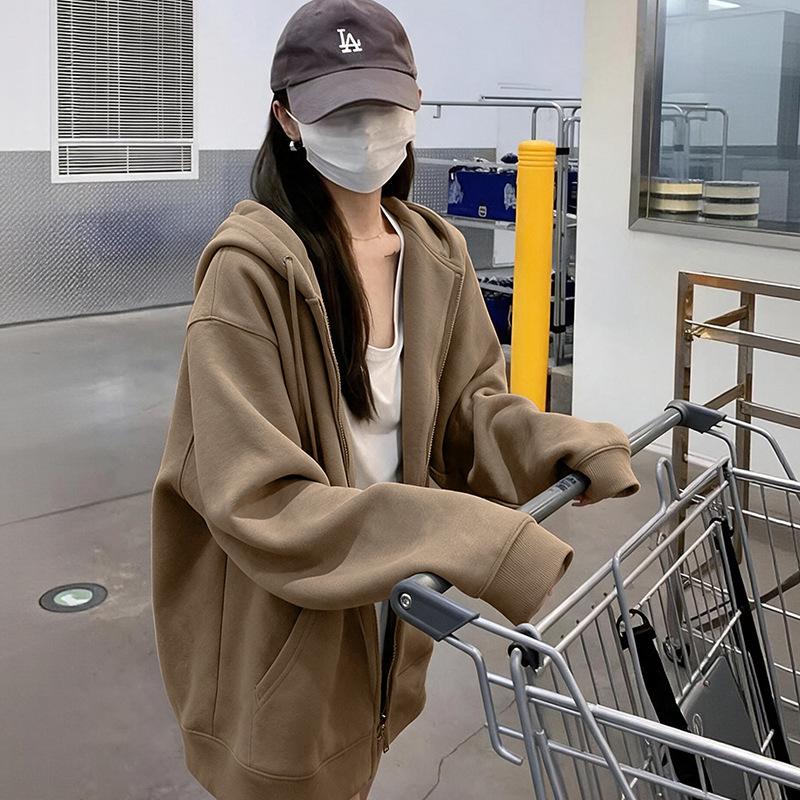 Early autumn sweater jacket women's hooded loose casual cardigan thin sports velvet top