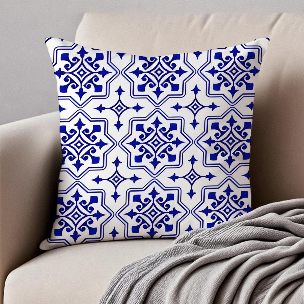 Fashion Blue Tiles Luxury Icon Cushion Cover Pillowcase Antidustmite Invisible Zipper Short Plush Sofa Cushion