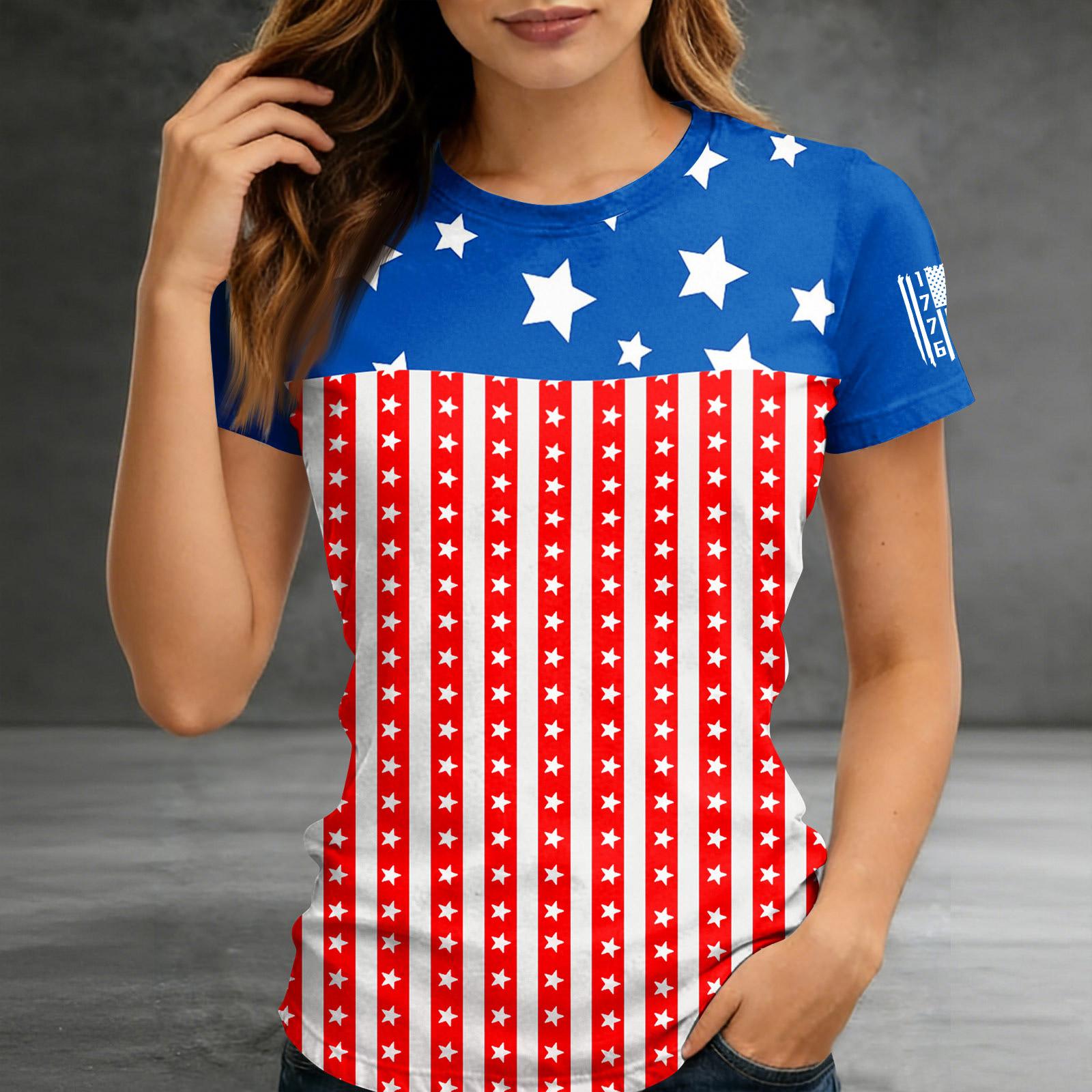 Women s Short-sleeved Top, Casual Slim Fit Women s Round Neck Short-sleeved Printed Shirt S