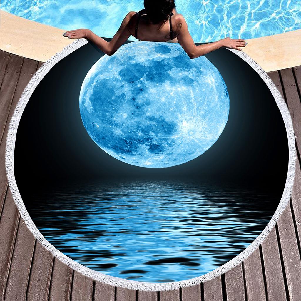 Celestial Bodies Moon Blue Night Sky Round Beach Blanket Super Soft Polyester Absorbent and Sandproof Beach Towel Picnic Blanket