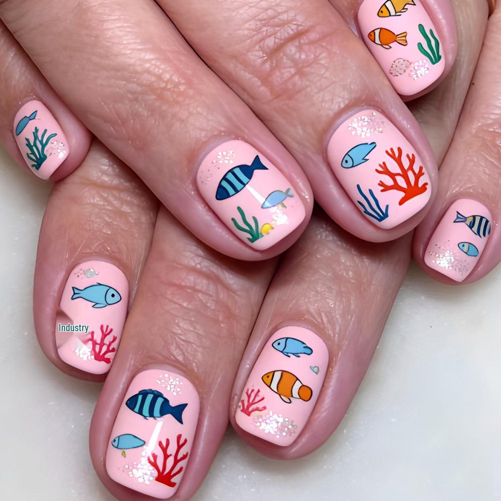 

Underwater Pink Matte Glitter Tropical Fish Kids Wearable Nail Tips - Short Square, Hand-Painted, Detachable (24 Pieces)