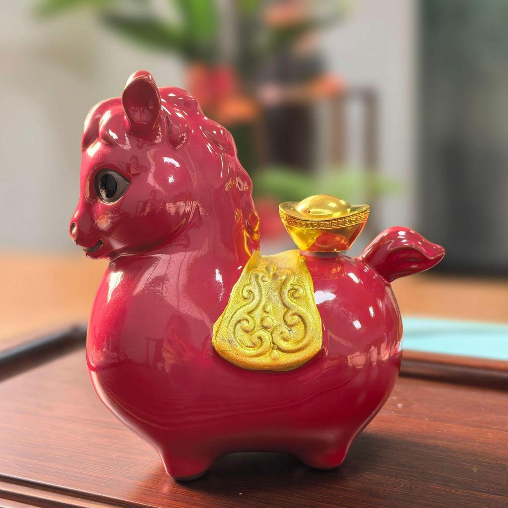 Festive Red Horse Money Ornament Pair - Lucky Resin Decoration for Office or Entrance