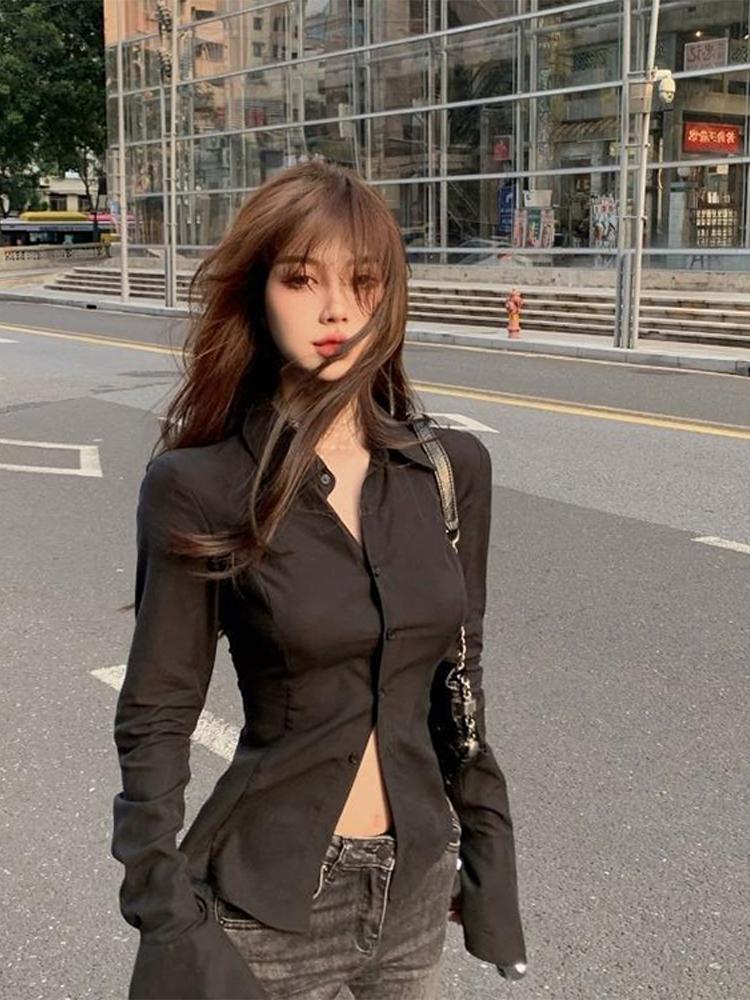 Schlanke ausgestellte Ärmel Damen Hemd solide Revers einreihige Rücken Bandage Tunika Frühling weibliche Blusen