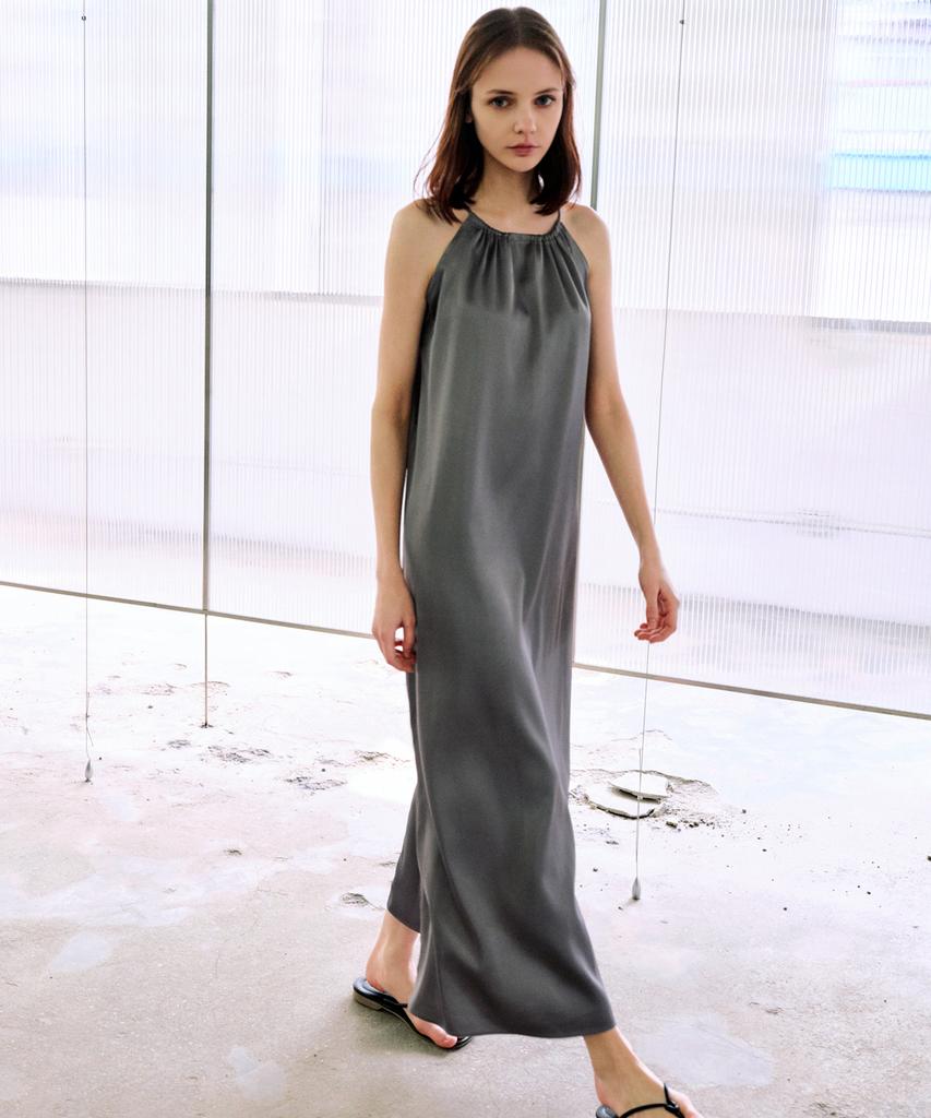 Rank 5 [Nelli] Satin One-Piece [Nelli] Satin Halterneck Dress_Charcoal