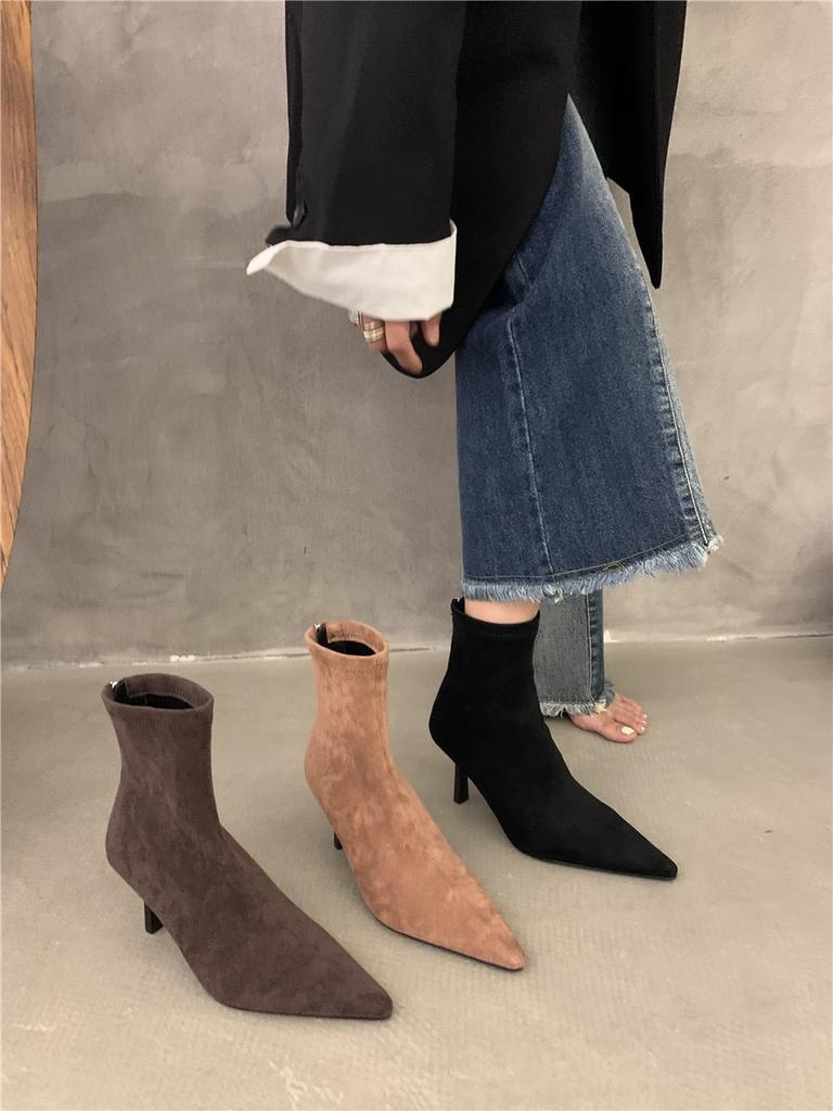 High-heeled Pointed-toed Temperament Suede Thin Short Boots Women's Shoes 2025 New Autumn and Winter Velvet Korean Small Ankle Boots