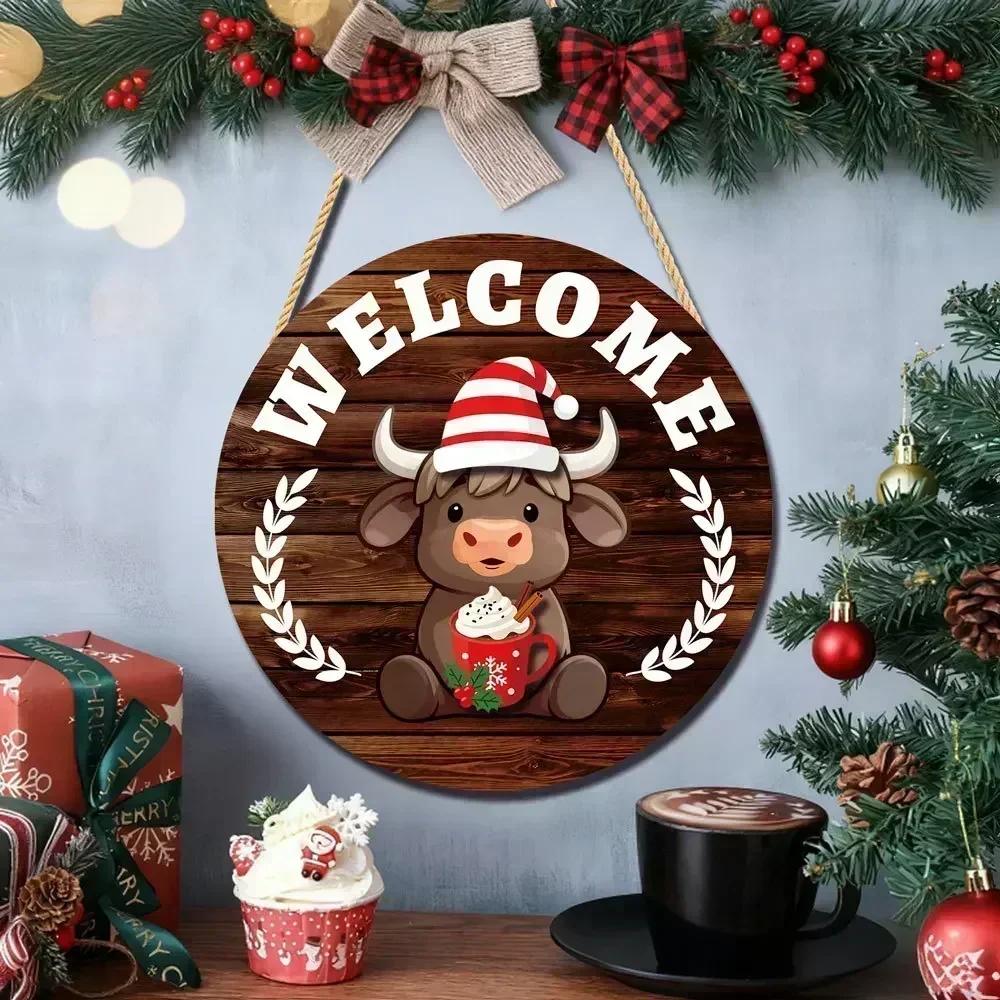 Rustic Upland Cow Wooden Welcome Sign with 35 Interchangeable Accessories for Seasonal Home Decoration Hanging