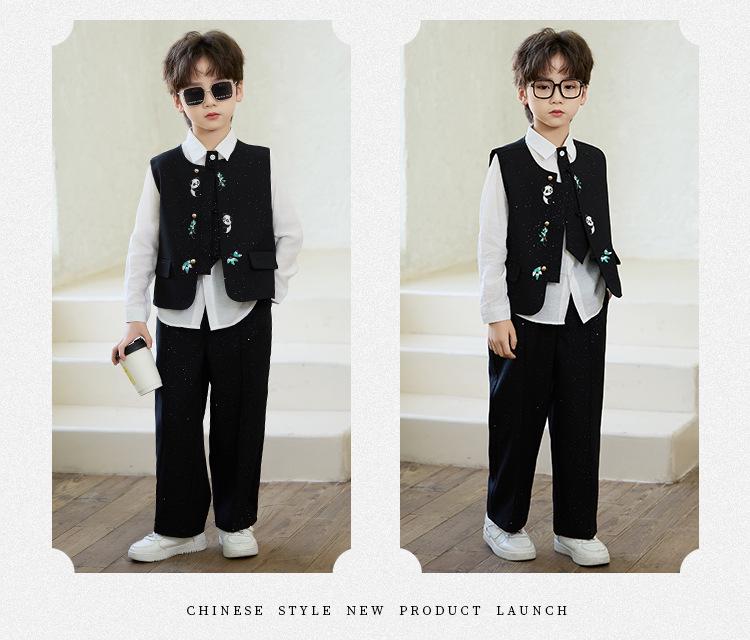 Boys' Spring Hanfu Vest Set with Embroidery - Formal Wear for Performances and Events