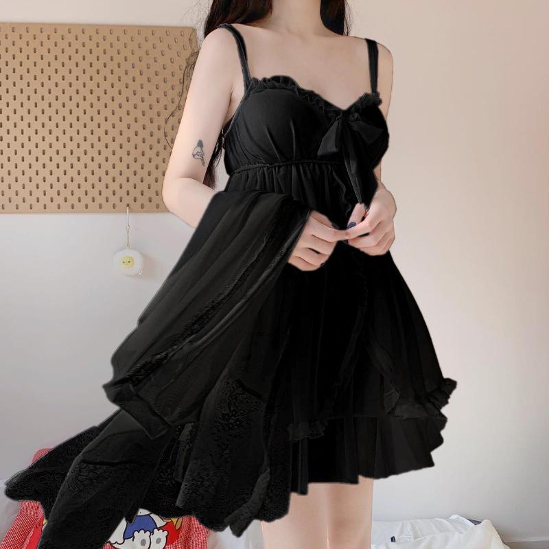 Seductive Sexy Suspender Sex Nightdress Women'S Mesh Lace Nightgown Loungewear With Chest Pad Pajama Set