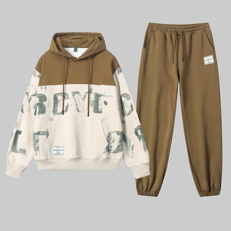 

Весенне-осенний повседневный спортивный худи с капюшоном, мужской пуловер с круглым вырезом, свободный и универсальный комплект из двух предметов XXL кофейный