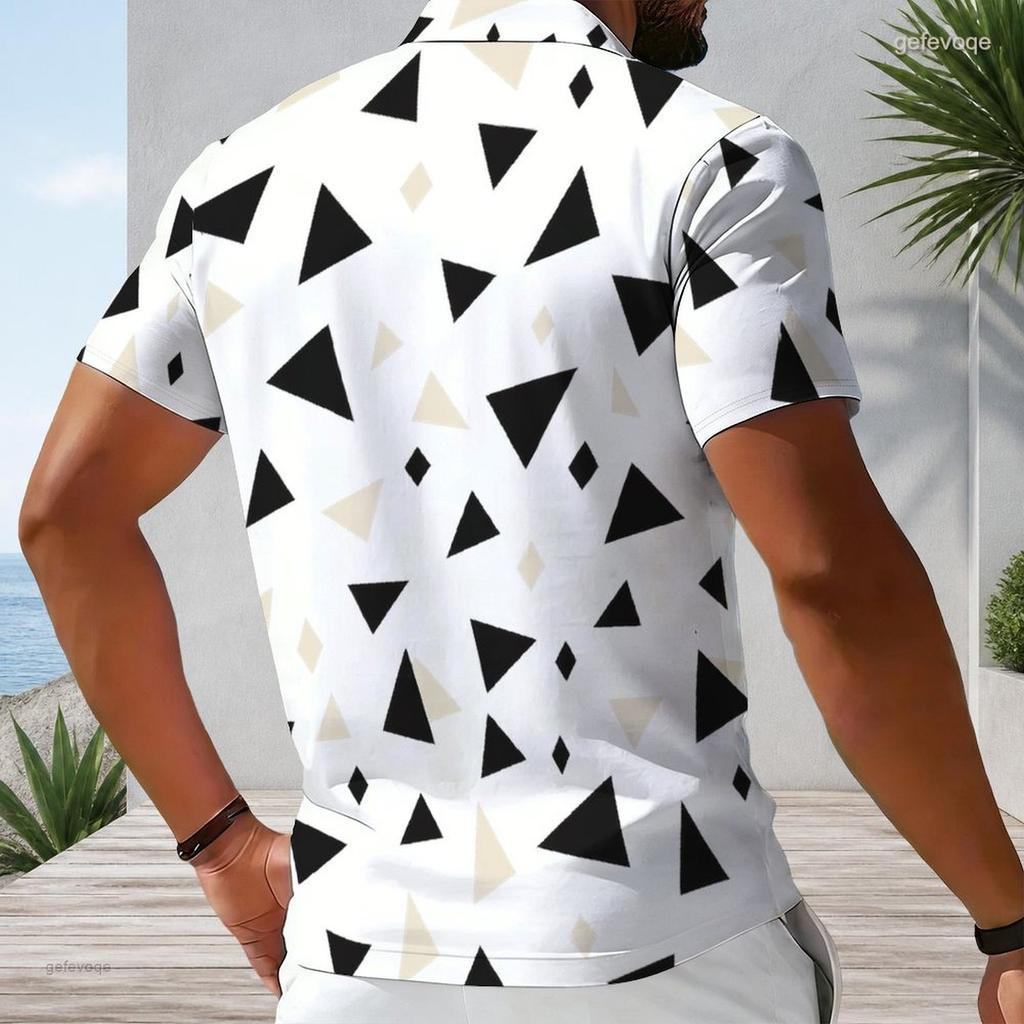 Men Plus Size Short Sleeve Quarter Zip Collared Polo Shirt Geometric Printed White Black Orange