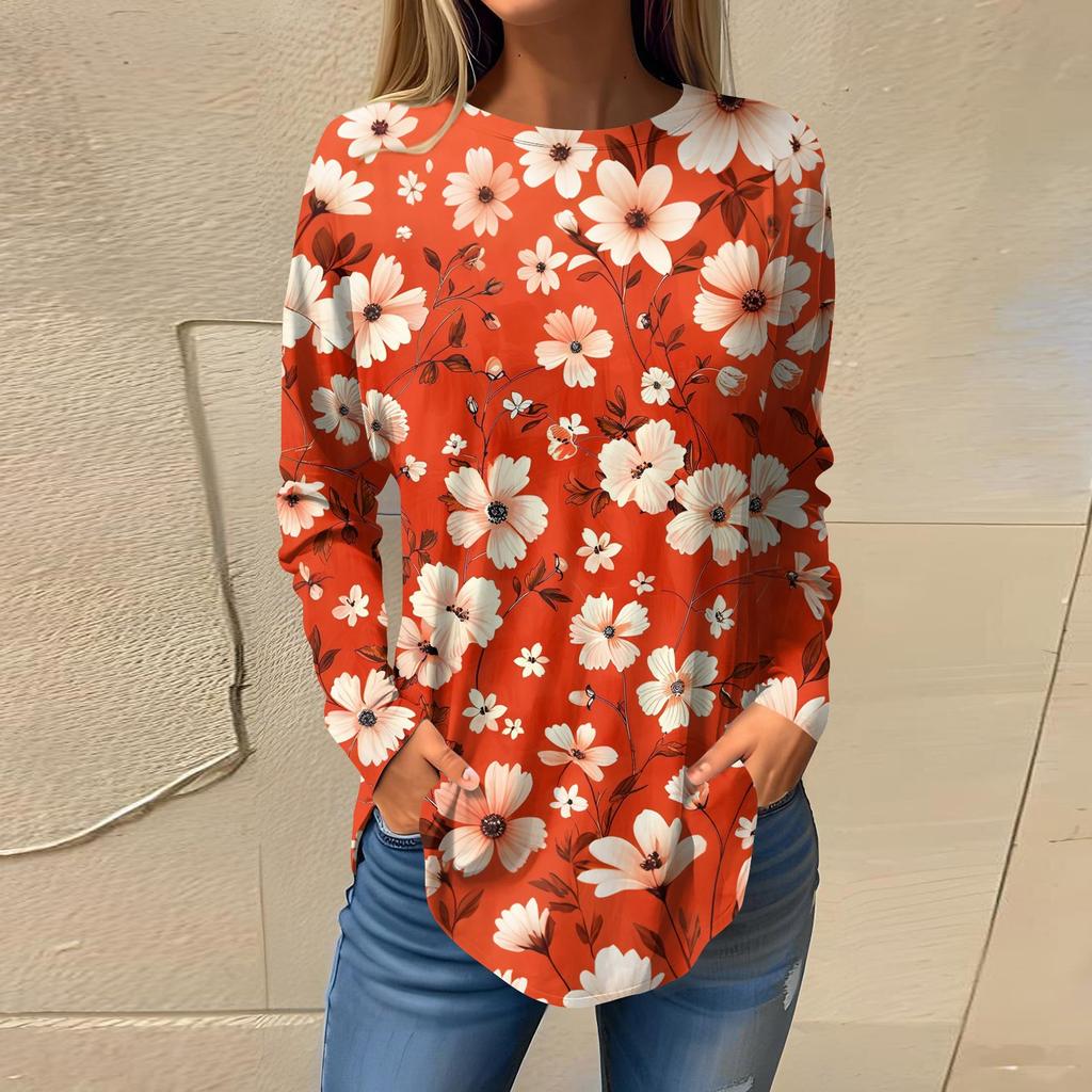 Women's Loose Casual Flower Printed Round Neck Long Sleeved T Shirt Top Pullover Long Sleeved Sweatshirt