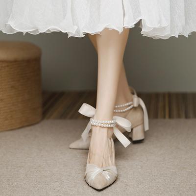 Summer Women Sandals Ankle String Bead Strap Dress Shoes Pointed Toe Mid Heel Ladies Pearl Chain Bow Wedding Party Pumps