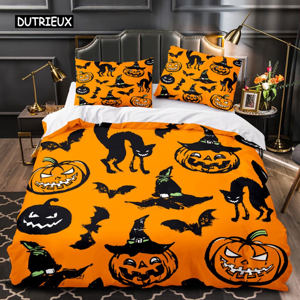 Halloween King Queen Duvet Cover Kawaii Cartoon Skull Bedding Set Kids Boys Orange Pumpkin Skeleton 2/3pcs Polyester Quilt Cover