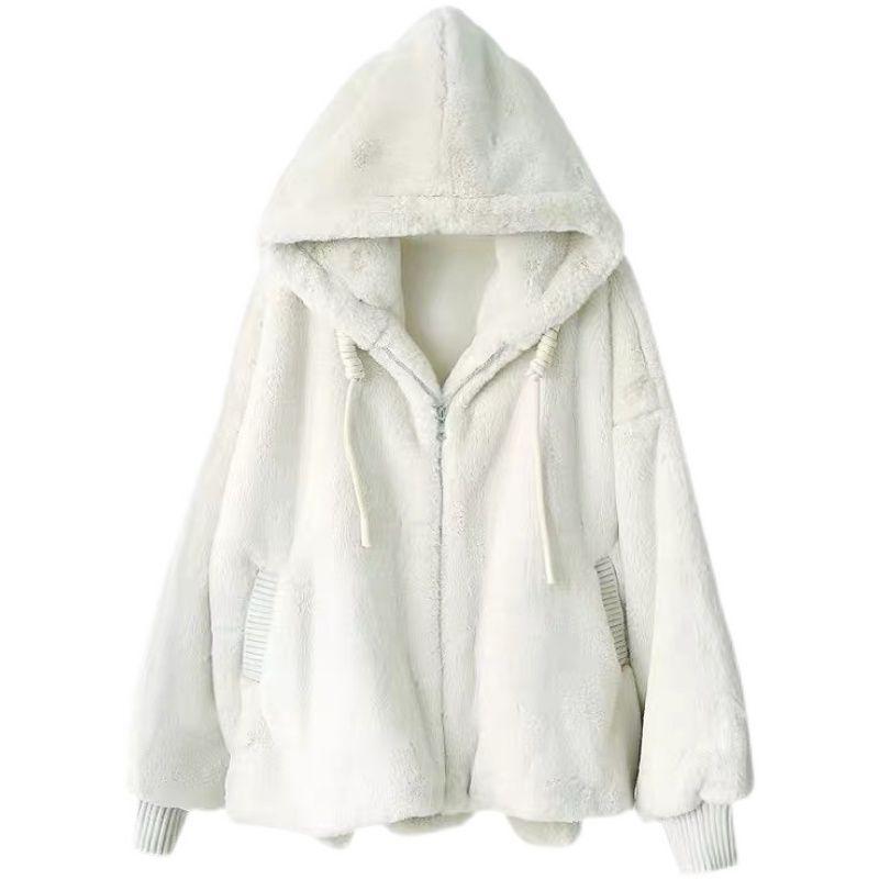 Women's Autumn and Winter plush fashion warm lamb fur jacket with Faux Otter fur hood, loose coat jacket