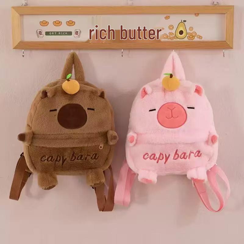 Capybara Plush Backpack: Cute Cartoon Design, Large Capacity, Crossbody Style In Orange