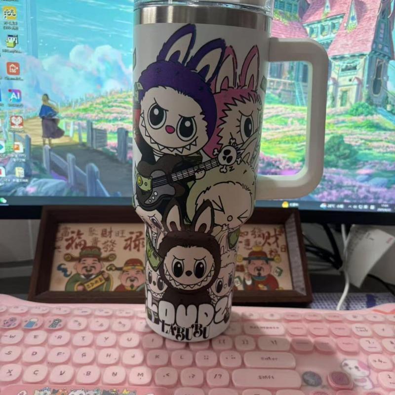Cartoon pattern Labubu 40oz car cup 304 stainless steel thermos cup Labubu car straw Bingba cup