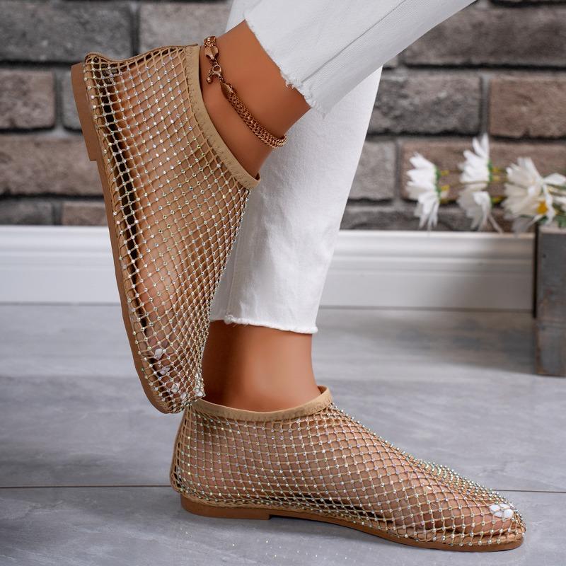 Ladies' Summer Round Toe Sandals with Hollowed Out Internet Celebrity Studded Diamond Short Boots, Sexy Plus Size Flat Shoes, Breathable