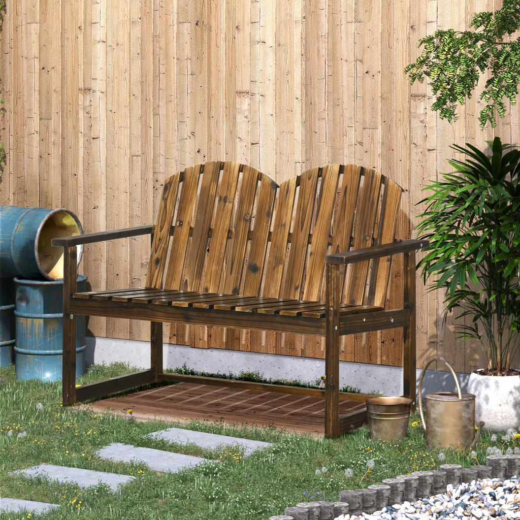 Panca da Giardino in Legno da Esterno, Sedia Loveseat da Patio con Schienale a Doghe e Braccioli Lisci per Due Persone, per Cortile, Prato, Portico, Finitura Carbonizzata