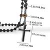 Natural Lava Stone Tiger Eye Beads Long Necklace with Hematite Cross Pendant Mens Rosary Jewelry
