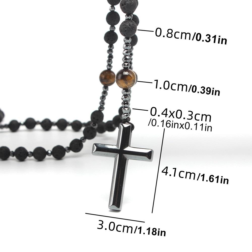 Natural Lava Stone Tiger Eye Beads Long Necklace with Hematite Cross Pendant Mens Rosary Jewelry