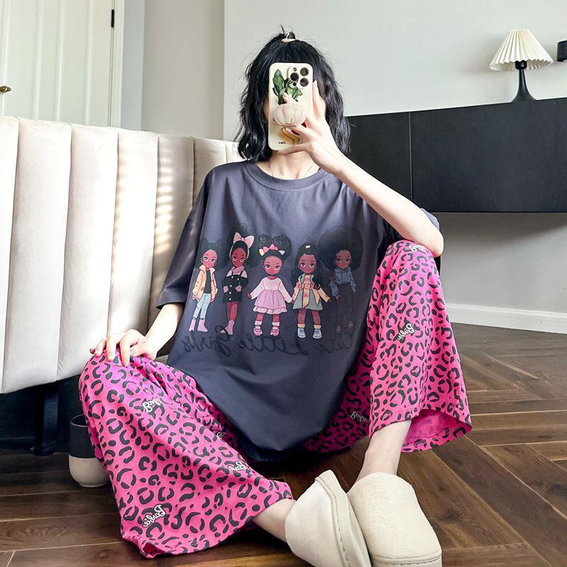 

Летняя пижама с коротким рукавом большого размера для женщин - корейский стиль, милая, можно носить на улице XL 120-150 lbs