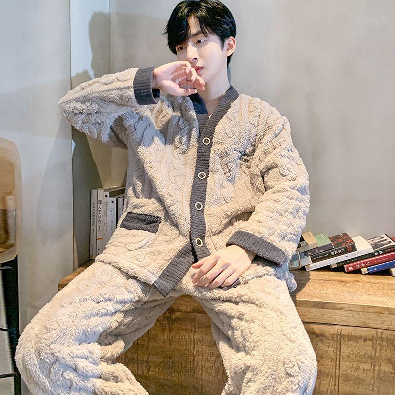 Men's Plus Size Flannel Fleece Home Wear Set - Thickened for Autumn and Winter