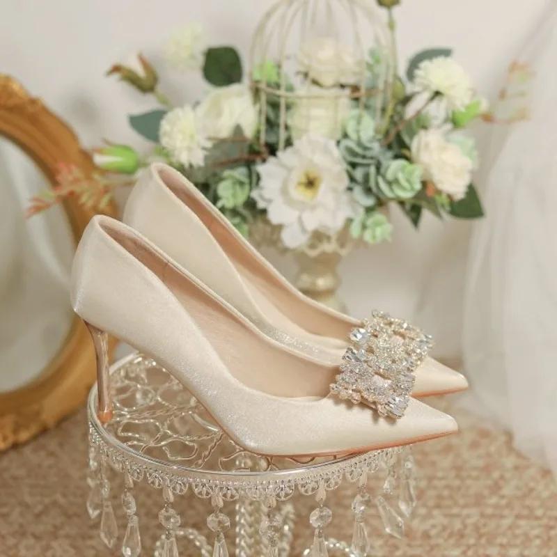 Champagne Colored High Heels Wedding Shoes for Women 2025 New French Cloth Surface Rhinestone Pointed Toe, Slim Heel Shoes Women