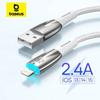 Baseus LED USB kabelis iPhone 14 13 12 Pro Max X XR XS 8 7 iPad greitam duomenų perdavimui ir įkrovimui, USB laidas, mobiliojo telefono kabeliai