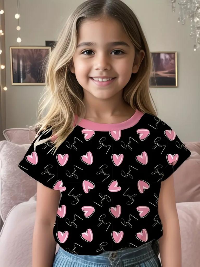 T-shirt Fille Mignon Motif Nœud d'Amour Manches Courtes pour Enfants T-shirts Graphiques Vêtements Y2k Mode Filles Pull Hauts d'Été