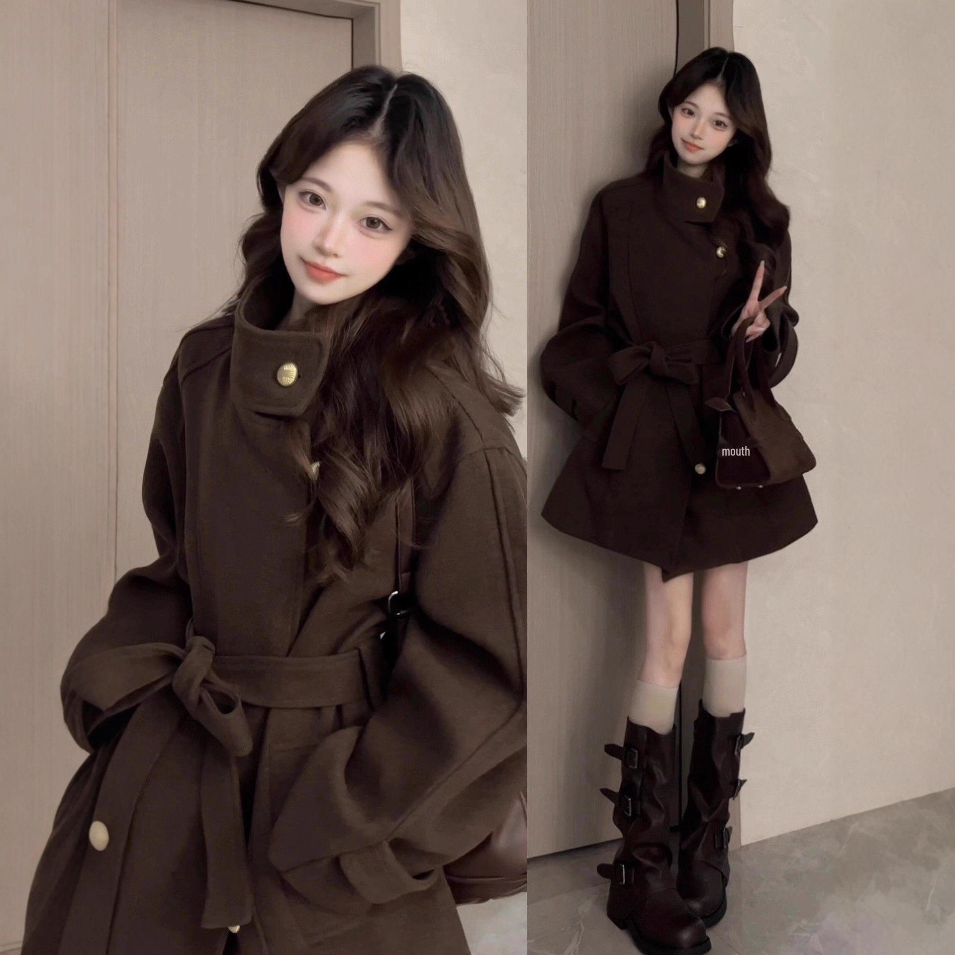 

Элегантное женское шерстяное пальто - Корейский стиль, Дизайн высокого класса для Осени/Зимы 2026 S коричневый/кофейный