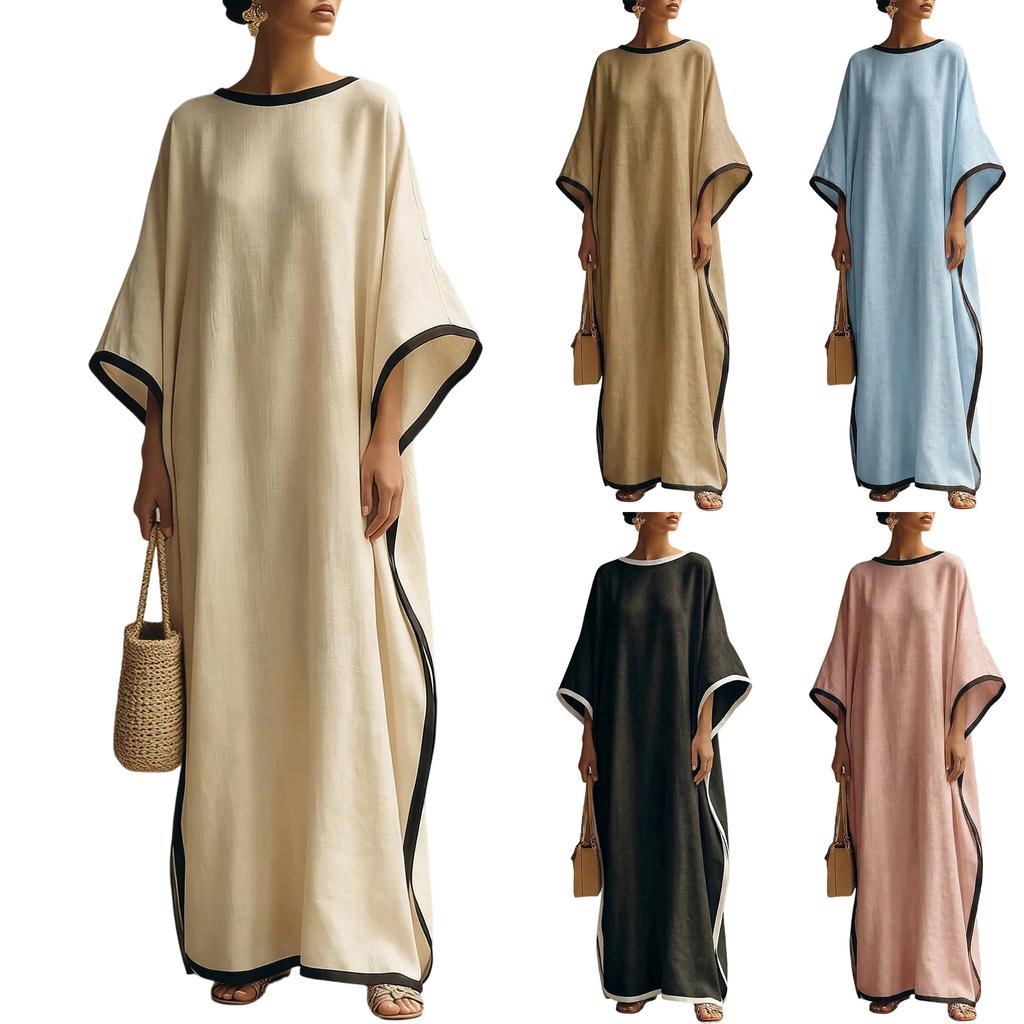 Vestido Largo Holgado Manga Murciélago Casual de Largo Completo Vestido Maxi Cómodo Oversize con Ribete en Contraste para Mujer
