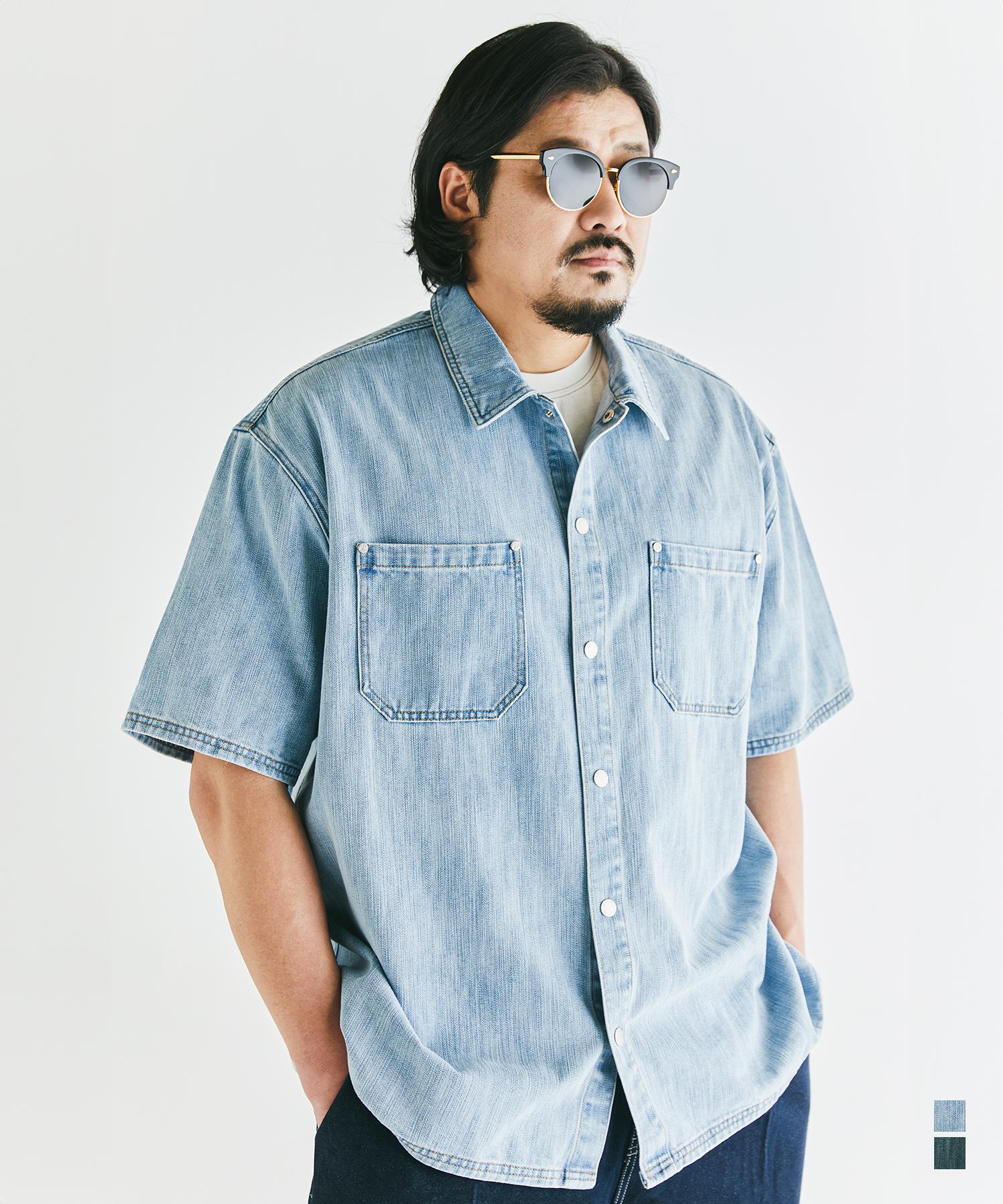 Buboom [Big Size] Coolmax Oversized Denim Short Sleeve Shirt Blue/1_Xl(105~115)