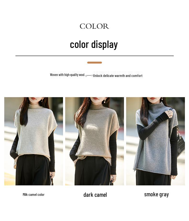 Autumn/Winter Women's Wool Sleeveless Rolled Hem Vest Top with High Neck - Elegant Shawl Style Sweater