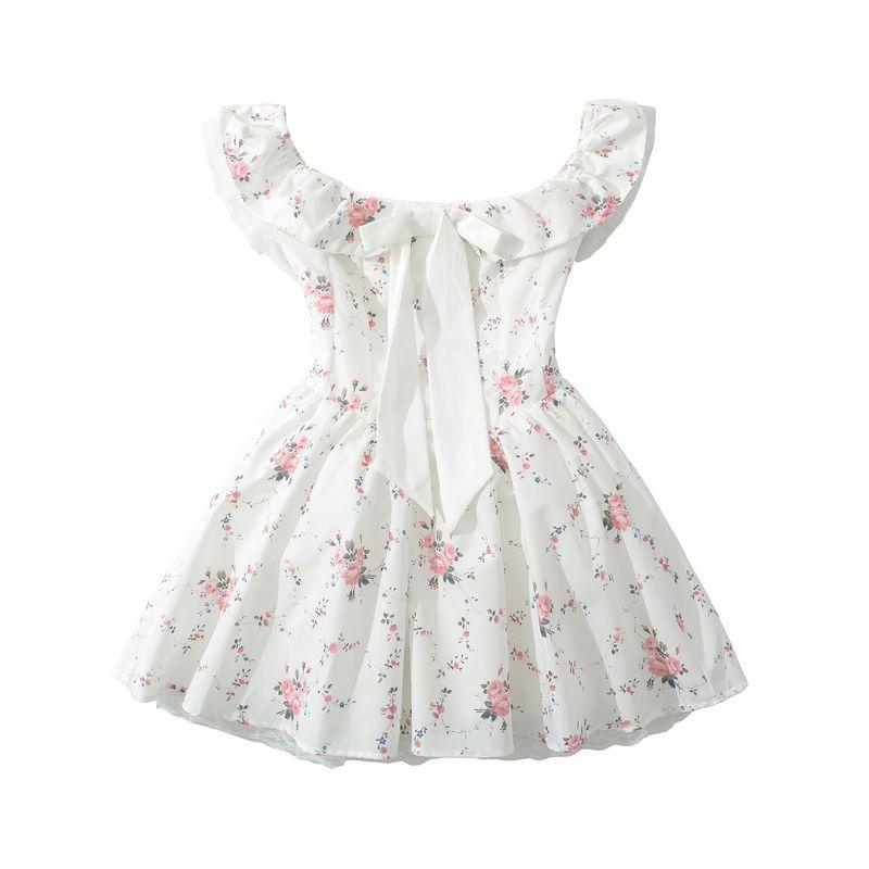 

Kaslead New Women clothes Western Style Fashion Simple Print Bow Word Collar Dress Flower color L