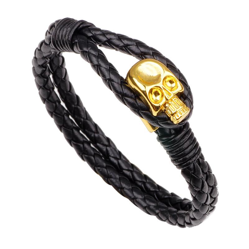 Bracelet tissé en cuir à boucle en alliage tête de mort pour homme, très tendance, style européen et américain